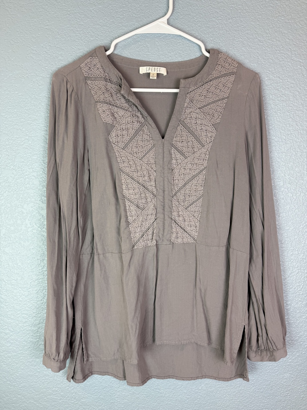 Spense Blouse Womens Medium Gray Long Sleeve Boho Tunic Embroidered Lace Top